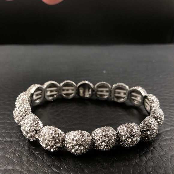 Rhinestone Stretch Bracelet Pave Crystal Snowball Bangle Adjustable 6.5 - 7.5 in - Picture 4 of 8